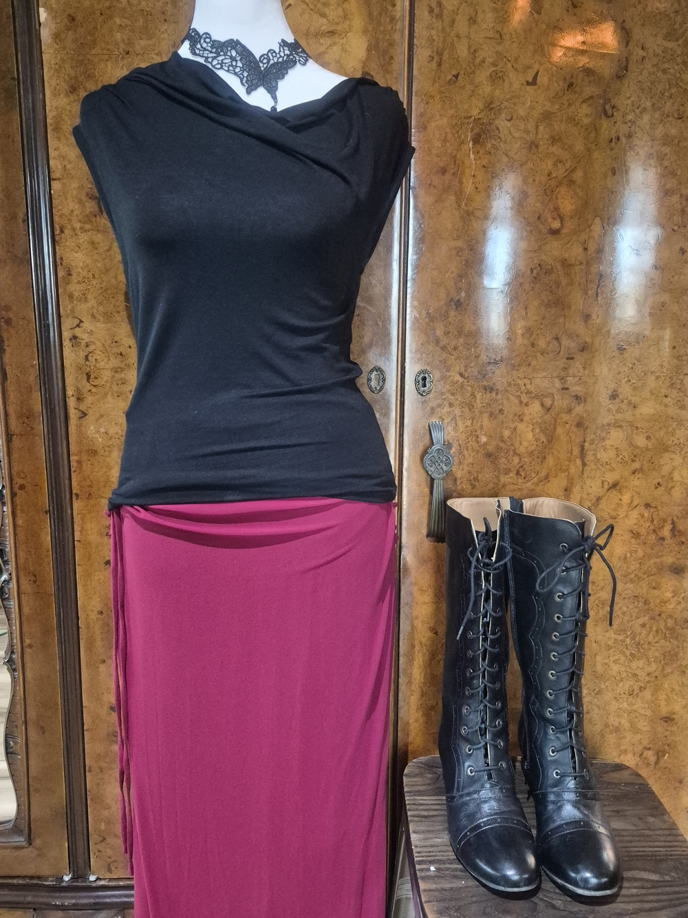 HALARA Burgundy Maxi Skirt with Side Draped Detail
